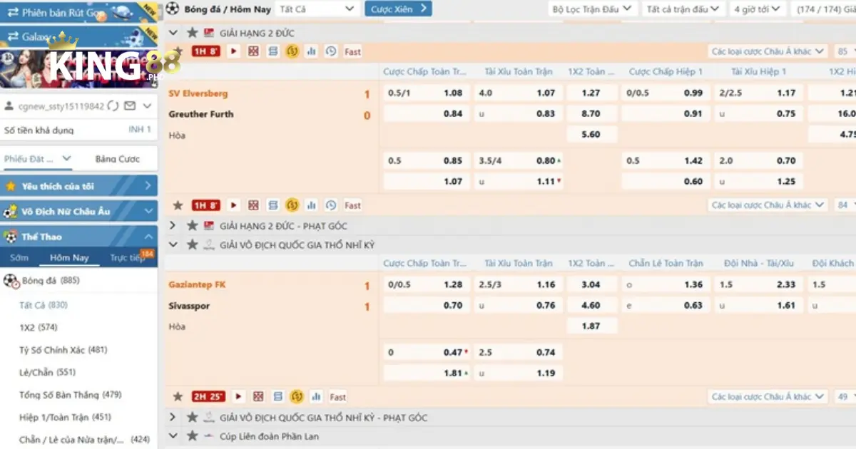 SABA Sports: Tham Gia Cá Cược Bóng Đá Đỉnh Cao Tại King88 3 Cập nhật tỷ lệ kèo nhanh, đa dạng hình thức cược